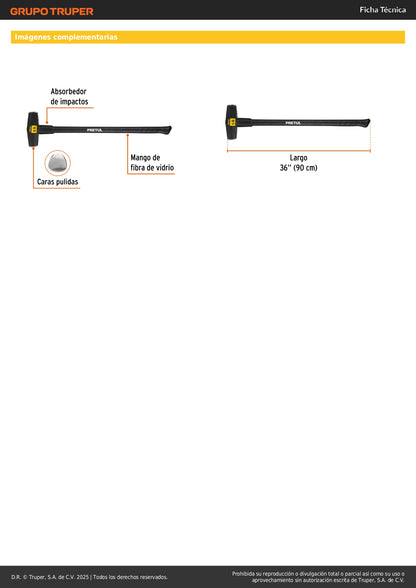 Marro Nevada 6 lbs Mango Fibra Vidrio 36 Pulgadas - Herramienta Demolición Profesional Pretul MD-6MP