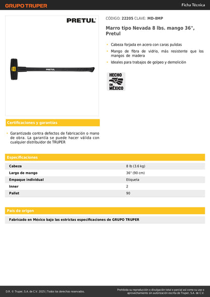 Marro Nevada 8 lbs Pretul MD-8MP - Martillo Demolición Profesional Mango Fibra Vidrio 36 Pulgadas - Herramienta Construcción Golpeo Pesado