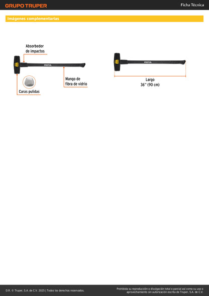 Marro Nevada 8 lbs Pretul MD-8MP - Martillo Demolición Profesional Mango Fibra Vidrio 36 Pulgadas - Herramienta Construcción Golpeo Pesado