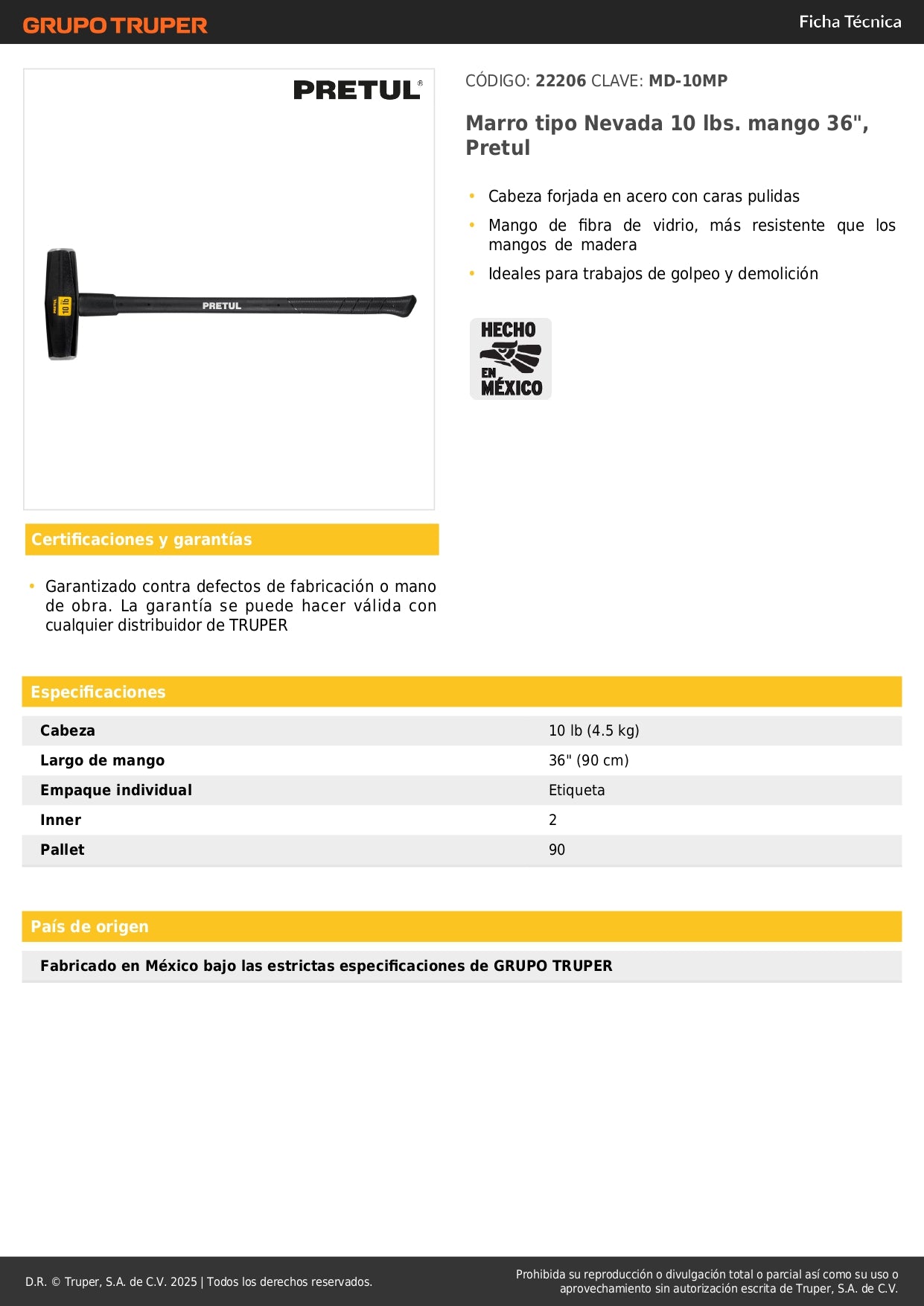 Marro Nevada 10 lbs Mango Fibra Vidrio 36" - Demolición y Golpeo Profesional MD-10MP