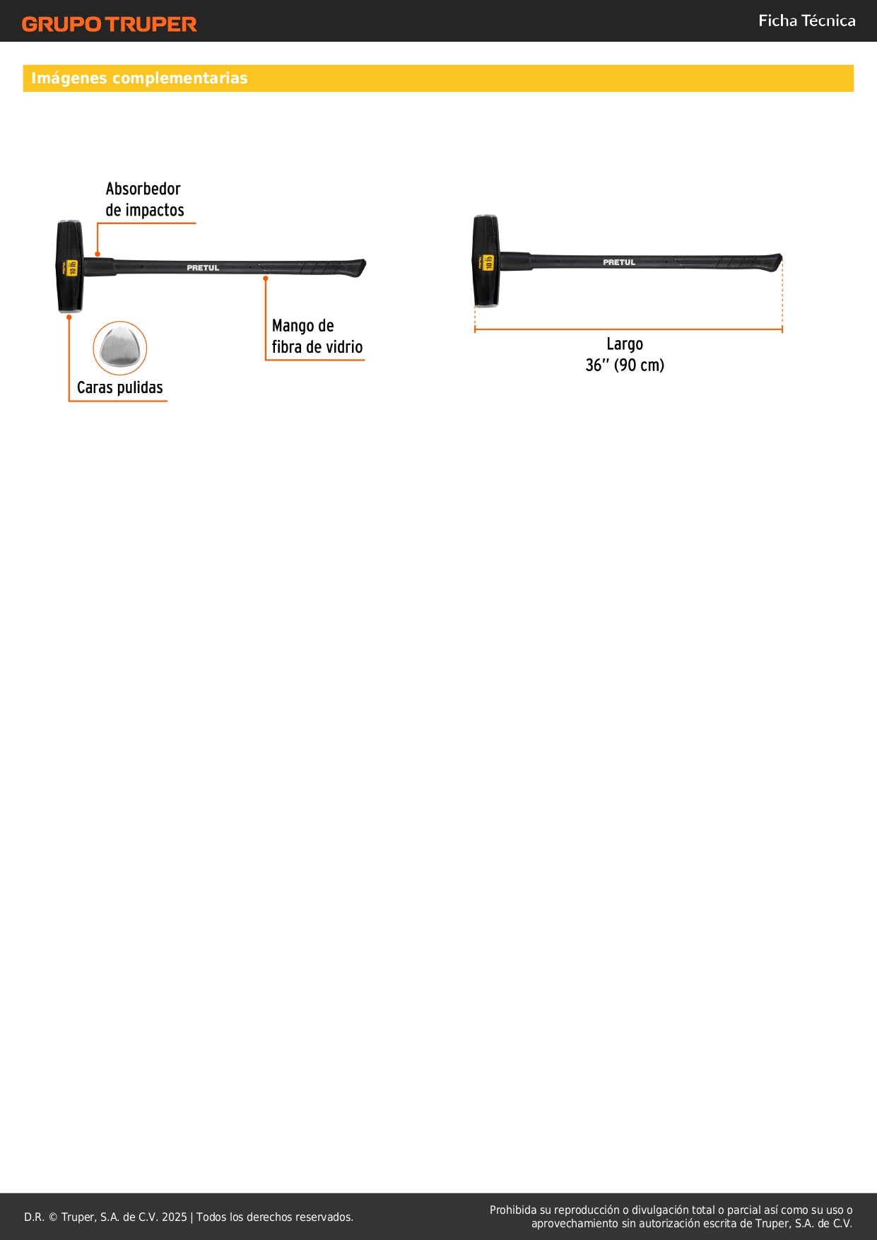 Marro Nevada 10 lbs Mango Fibra Vidrio 36" - Demolición y Golpeo Profesional MD-10MP