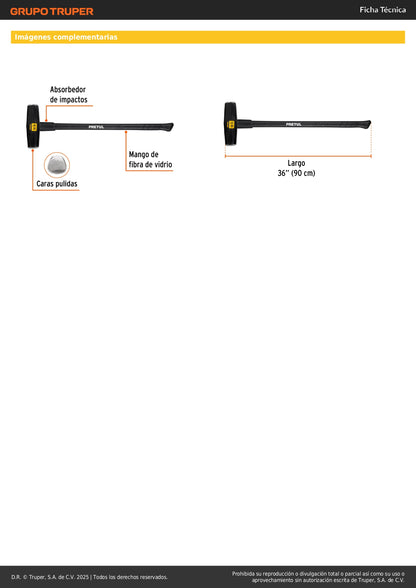 Marro Nevada 10 lbs Mango Fibra Vidrio 36" - Demolición y Golpeo Profesional MD-10MP