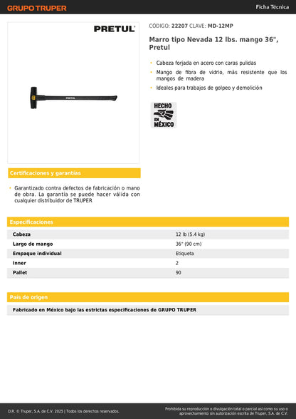 Marro Nevada 12 lbs Mango Fibra Vidrio 36 Pulgadas - Herramienta Demolición Profesional Pretul MD-12MP