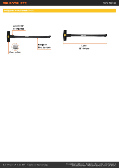 Marro Nevada 12 lbs Mango Fibra Vidrio 36 Pulgadas - Herramienta Demolición Profesional Pretul MD-12MP