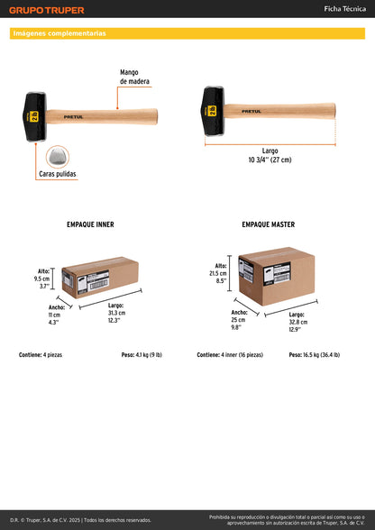 Marro Nevada 2 lbs PRETUL DHT-2P - Herramienta Profesional para Demolición y Golpeo con Mango de Madera 10-3/4"