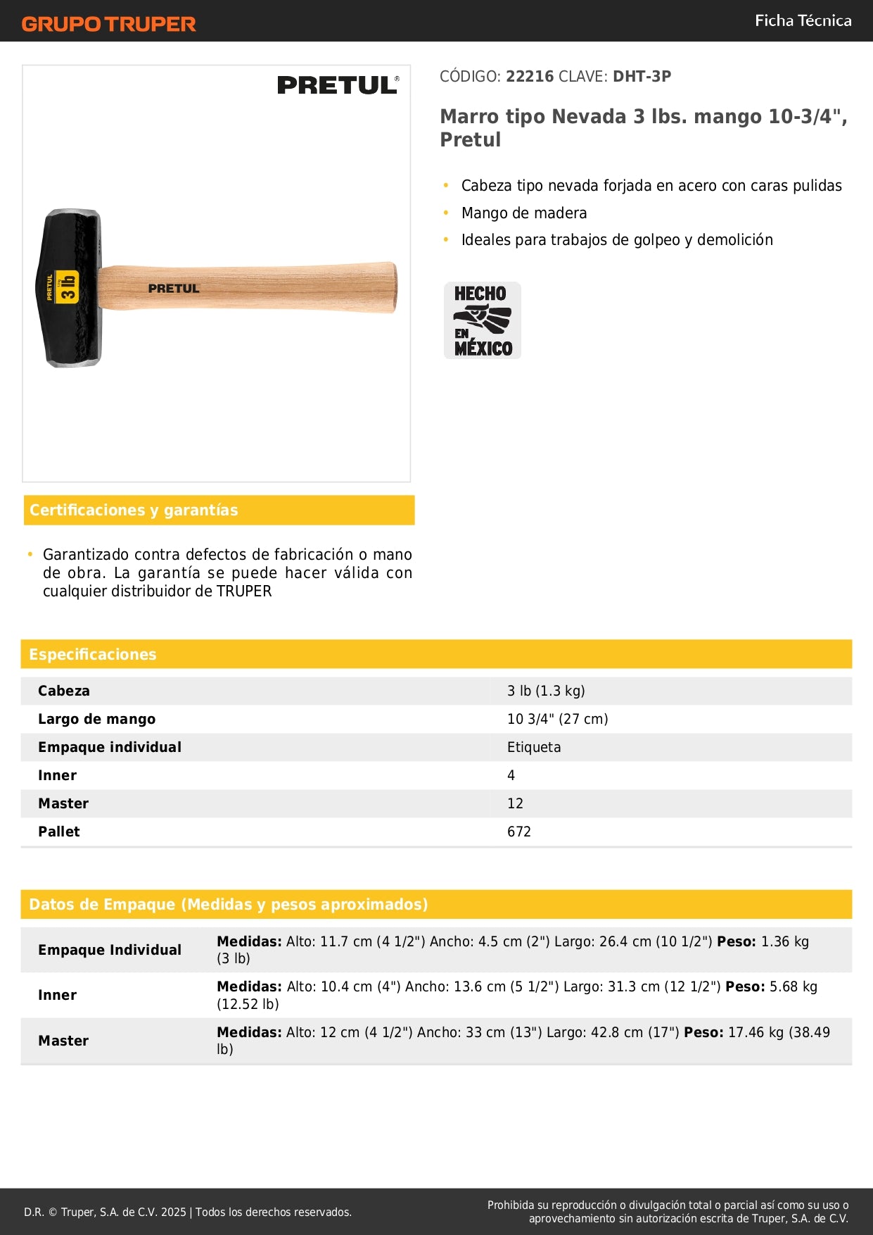 Marro Nevada 3 lbs Pretul DHT-3P - Martillo Demolición Profesional Mango Madera 10-3/4