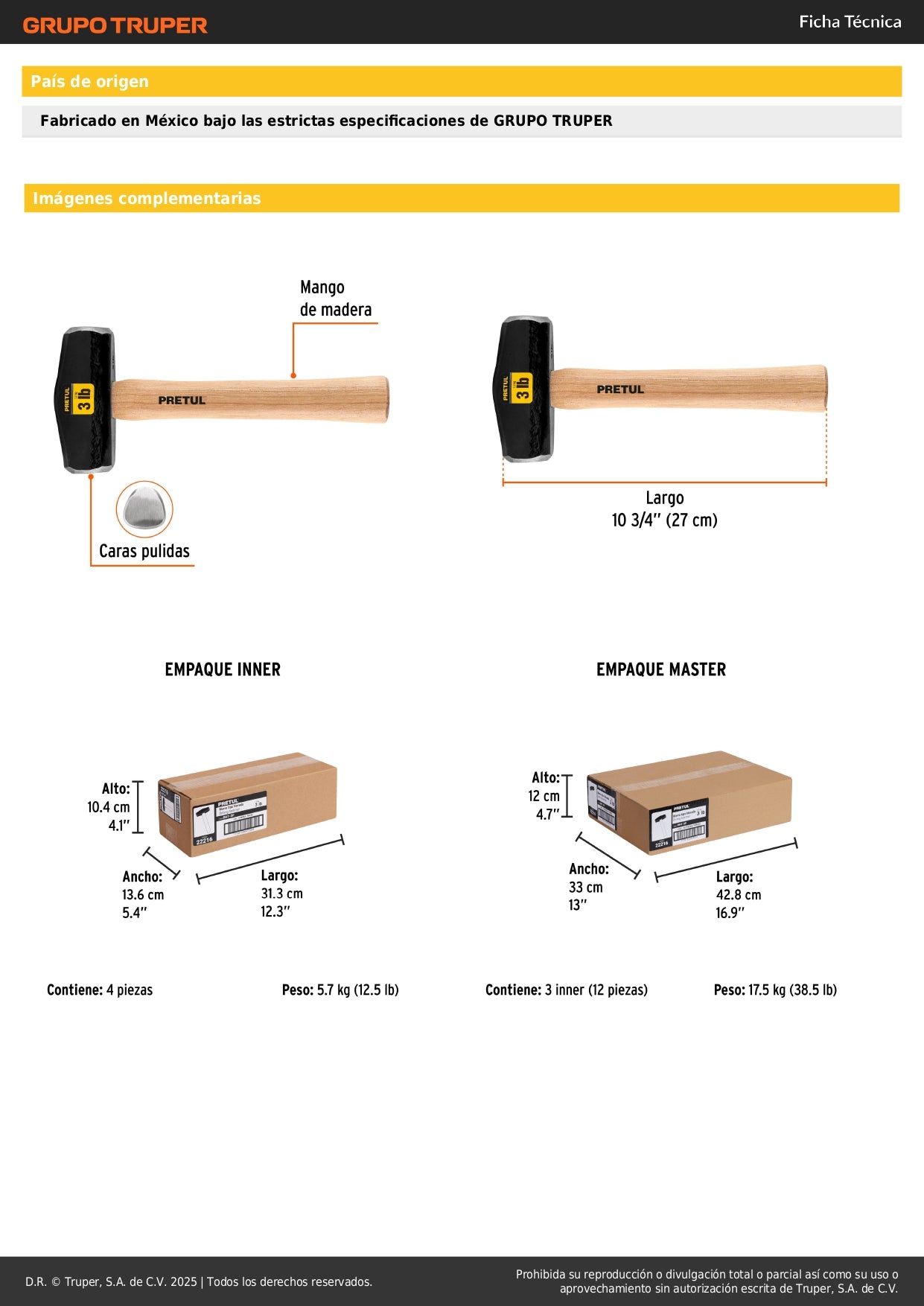 Marro Nevada 3 lbs Pretul DHT-3P - Martillo Demolición Profesional Mango Madera 10-3/4
