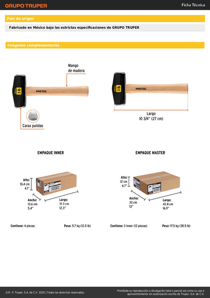 Marro Nevada 3 lbs Pretul DHT-3P - Martillo Demolición Profesional Mango Madera 10-3/4