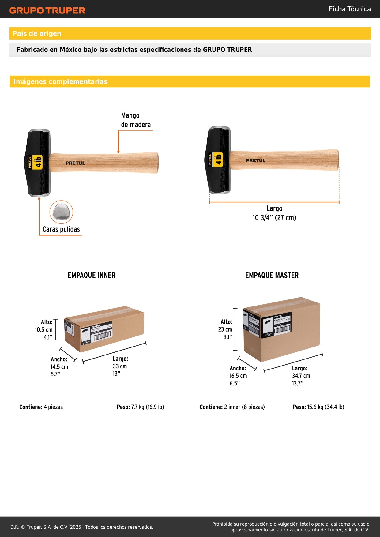 Marro Nevada 4 lbs Pretul DHT-4P - Herramienta Profesional para Demolición y Golpeo con Mango Madera 10-3/4"