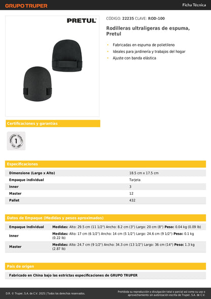 Rodilleras Ultraligeras Pretul ROD-100 - Protección Ergonómica para Jardinería y Trabajos del Hogar con Espuma de Polietileno