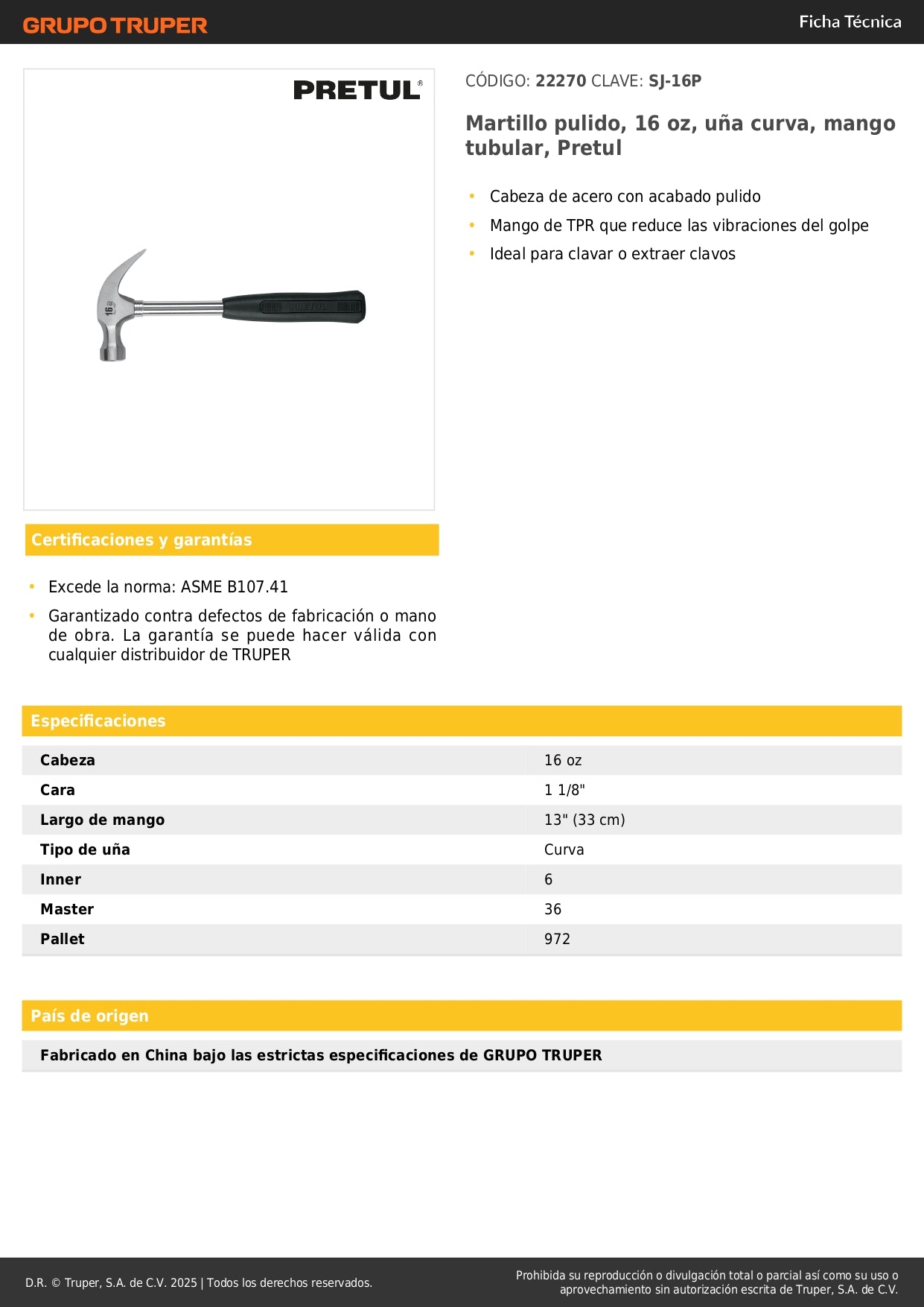 Martillo Pretul 16 oz Uña Curva SJ-16P - Mango Antivibración TPR para Clavar y Extraer Clavos
