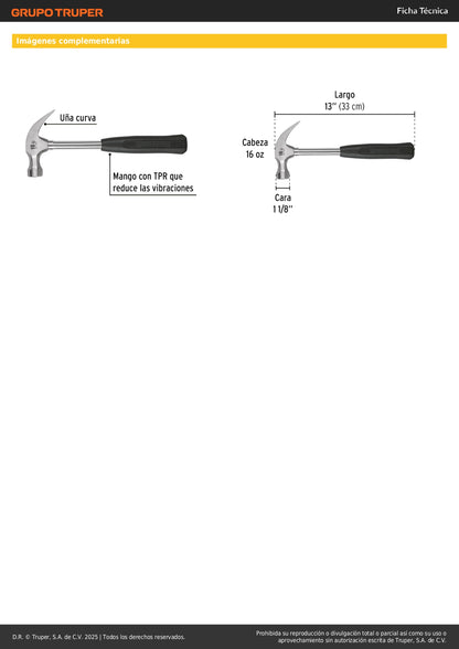 Martillo Pretul 16 oz Uña Curva SJ-16P - Mango Antivibración TPR para Clavar y Extraer Clavos