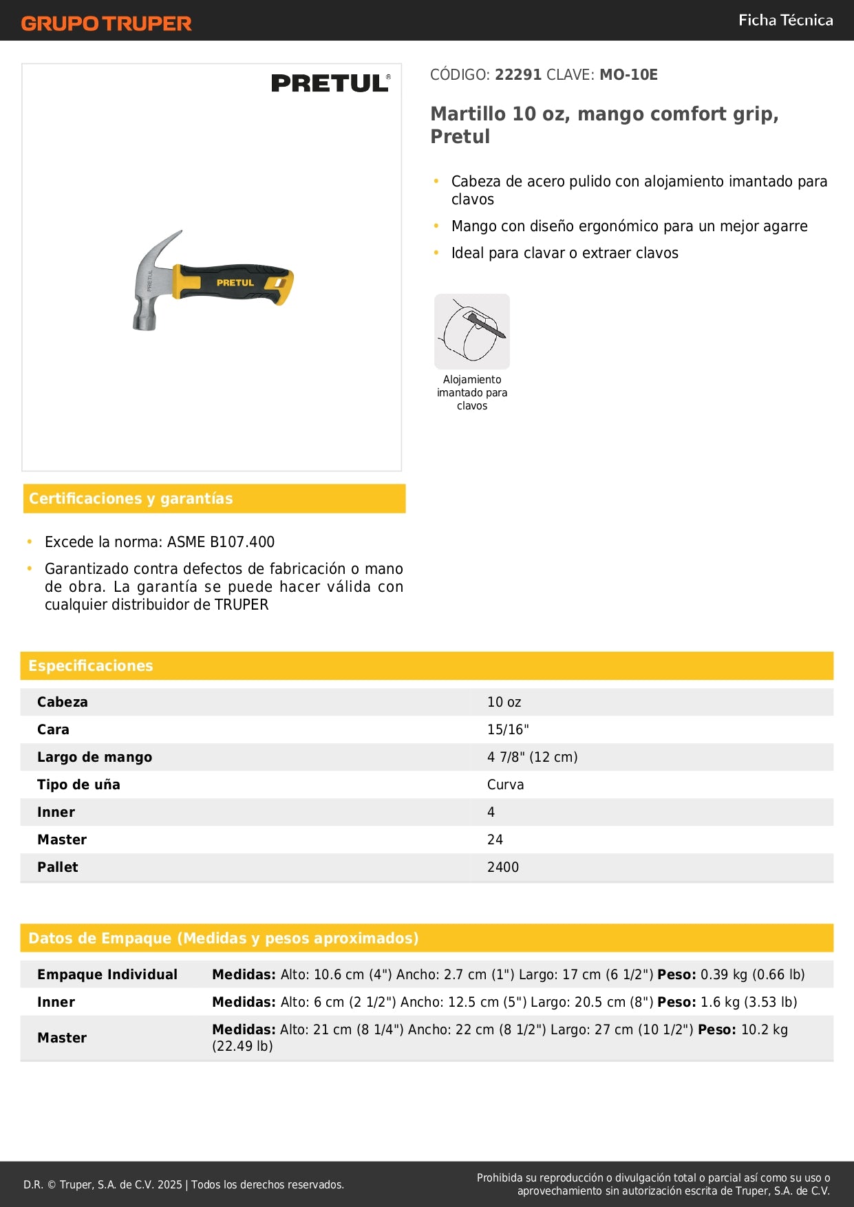 Martillo Pretul 10 oz Comfort Grip MO-10E - Cabeza Imantada Acero Pulido - Herramienta Profesional Carpintería