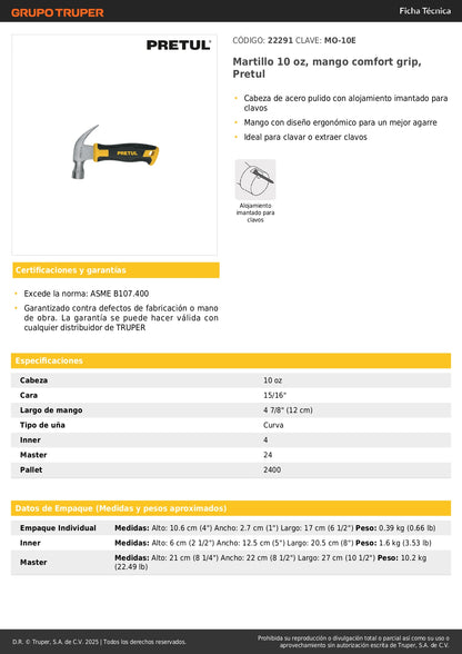 Martillo Pretul 10 oz Comfort Grip MO-10E - Cabeza Imantada Acero Pulido - Herramienta Profesional Carpintería