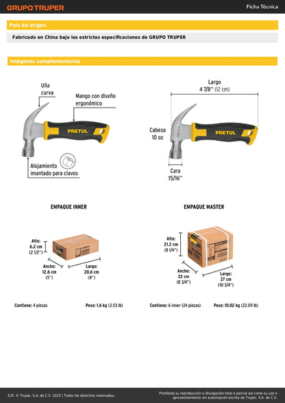 Martillo Pretul 10 oz Comfort Grip MO-10E - Cabeza Imantada Acero Pulido - Herramienta Profesional Carpintería