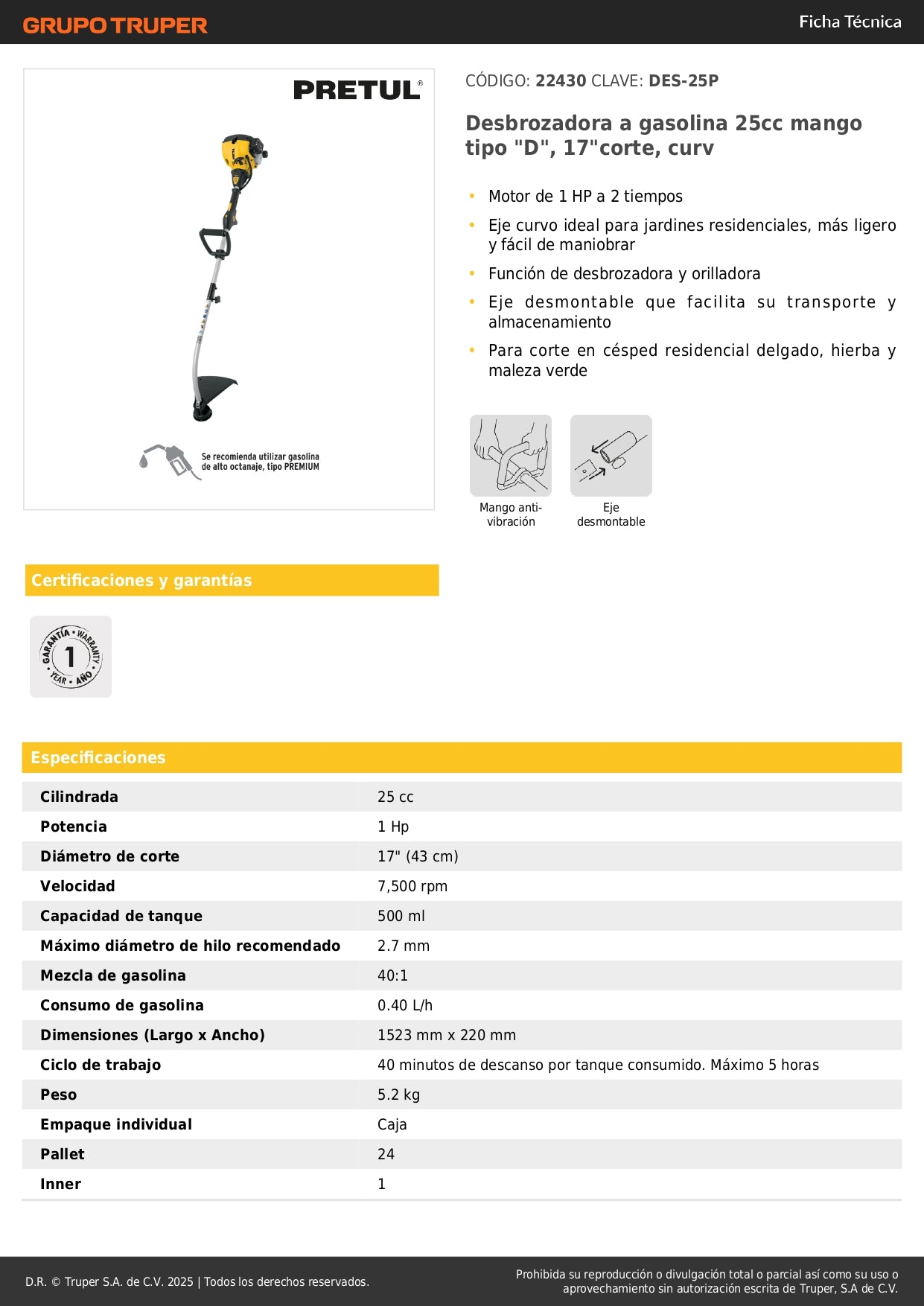 Desbrozadora Gasolina 25cc Eje Curvo DES-25P - Corte Césped Residencial y Maleza - Motor 1HP 2 Tiempos Mango D
