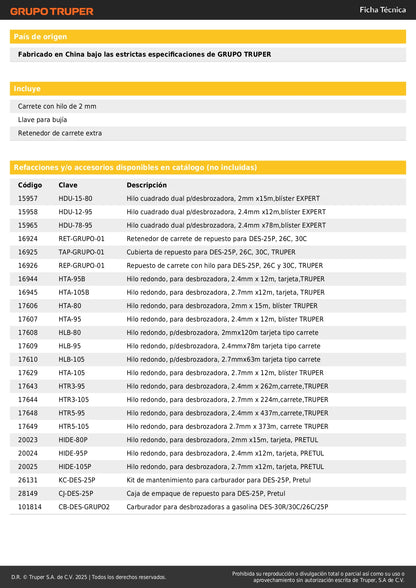Desbrozadora Gasolina 25cc Eje Curvo DES-25P - Corte Césped Residencial y Maleza - Motor 1HP 2 Tiempos Mango D