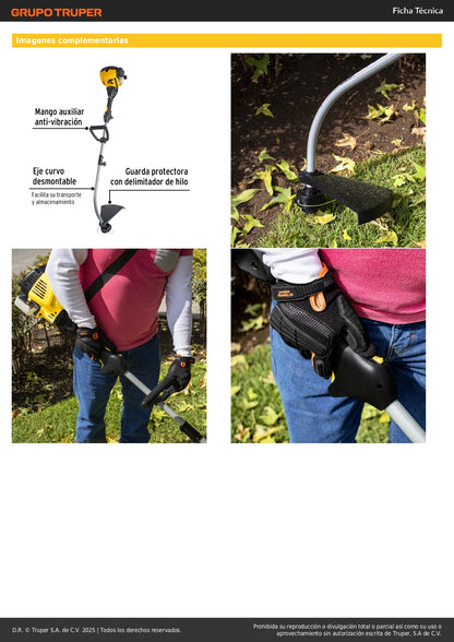 Desbrozadora Gasolina 25cc Eje Curvo DES-25P - Corte Césped Residencial y Maleza - Motor 1HP 2 Tiempos Mango D