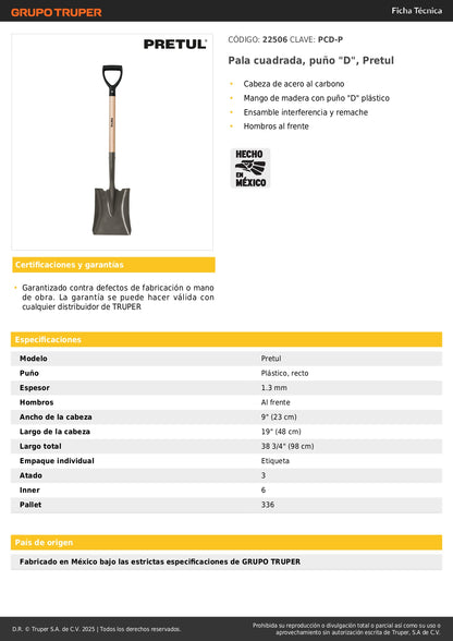 Pala Cuadrada Pretul PCD-P con Puño D - Acero al Carbono para Excavación y Jardinería Profesional - Mango de Madera Resistente