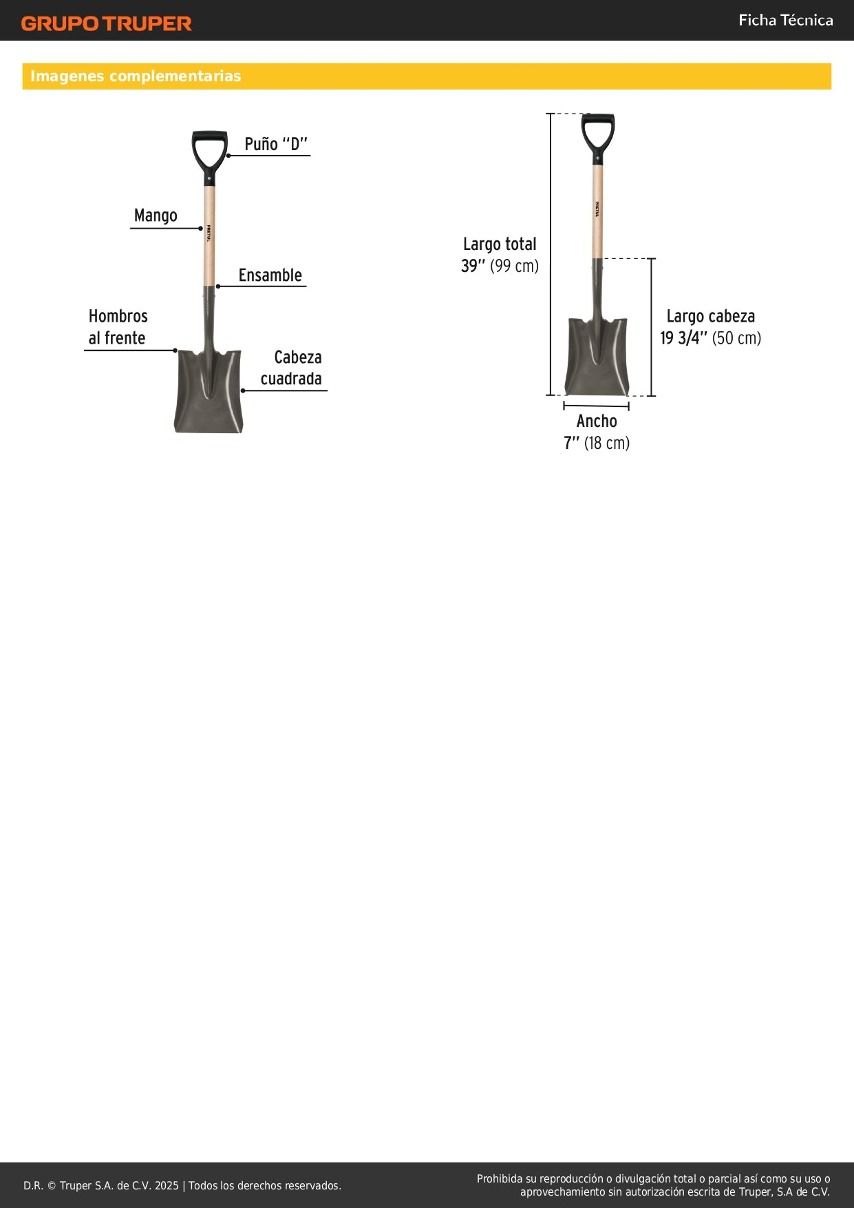 Pala Cuadrada Pretul PCD-P con Puño D - Acero al Carbono para Excavación y Jardinería Profesional - Mango de Madera Resistente