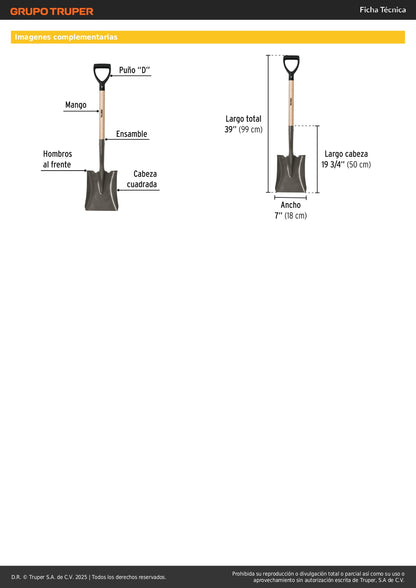 Pala Cuadrada Pretul PCD-P con Puño D - Acero al Carbono para Excavación y Jardinería Profesional - Mango de Madera Resistente
