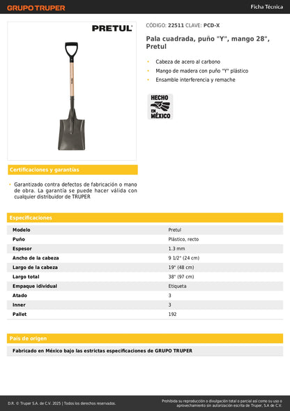 Pala Cuadrada Pretul PCD-X Mango 28" Puño Y - Herramienta Profesional para Excavación y Construcción