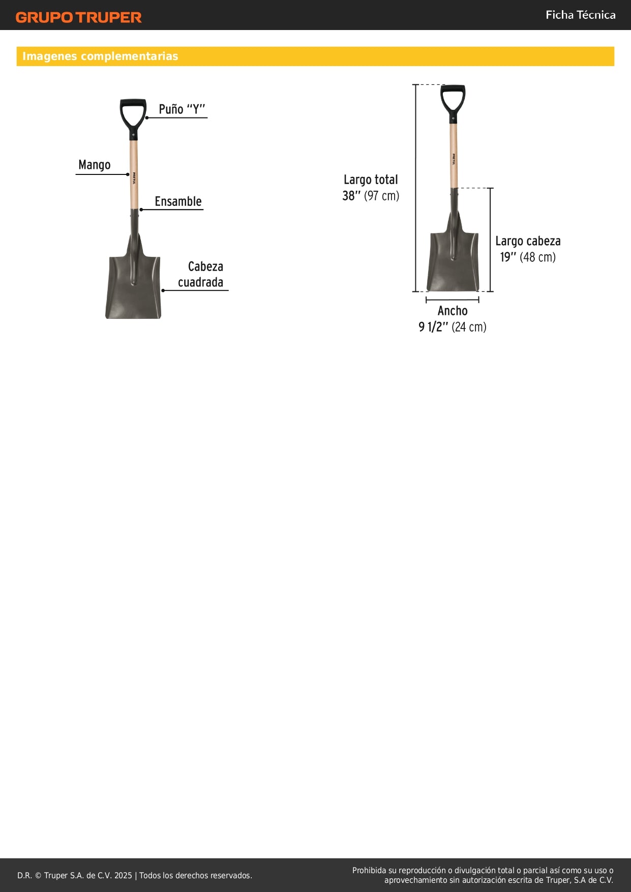 Pala Cuadrada Pretul PCD-X Mango 28" Puño Y - Herramienta Profesional para Excavación y Construcción