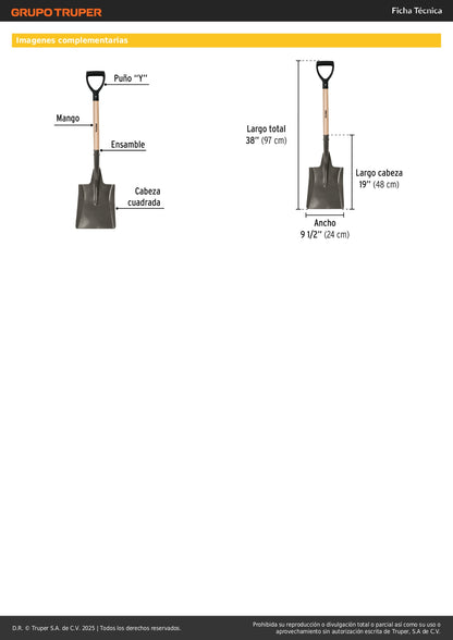Pala Cuadrada Pretul PCD-X Mango 28" Puño Y - Herramienta Profesional para Excavación y Construcción