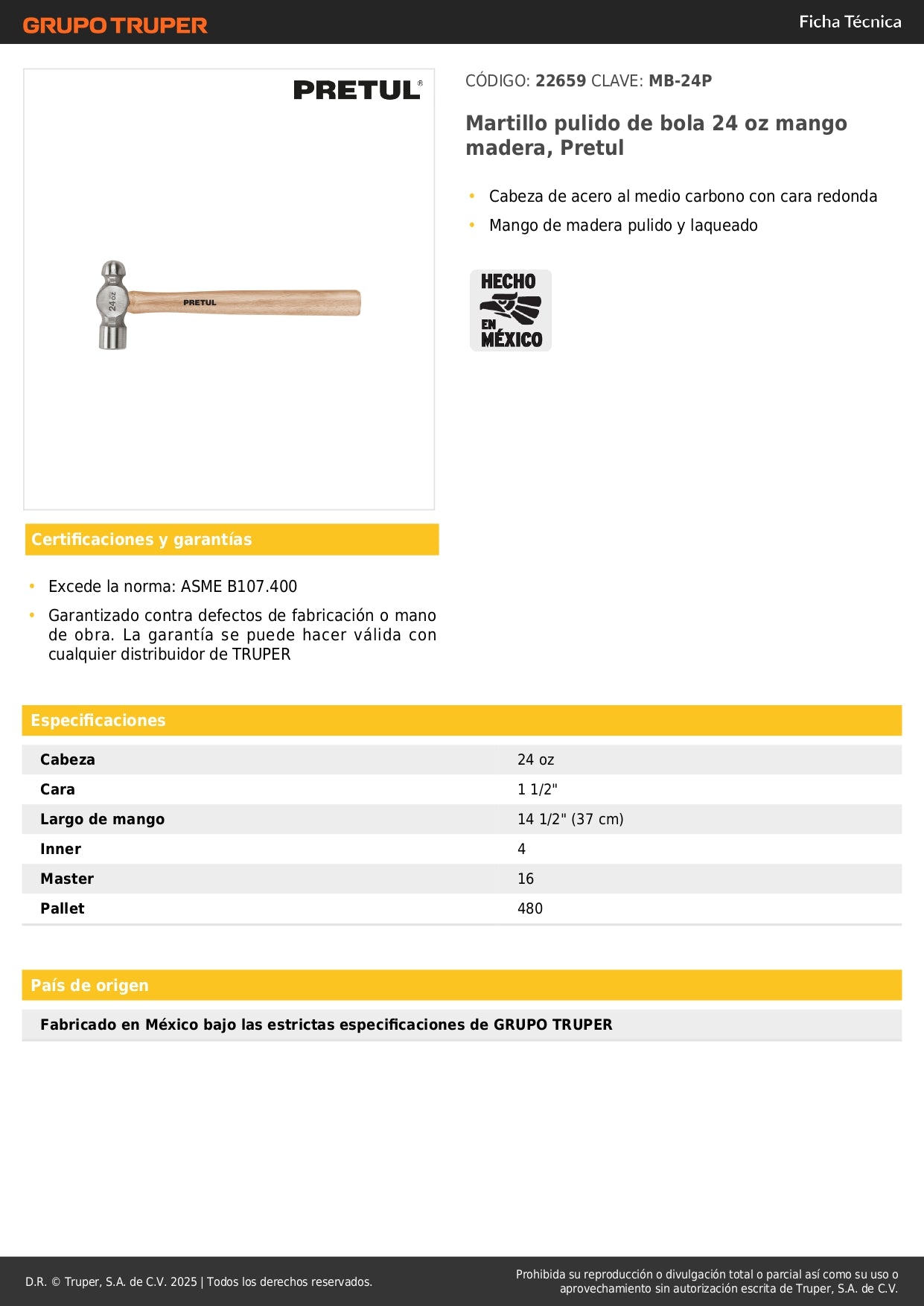 Martillo de Bola 24 oz Pretul MB-24P - Acero al Carbono con Mango de Madera - Herramienta Profesional para Trabajos de Precisión y Conformado de Metal
