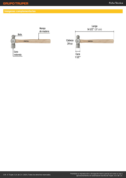 Martillo de Bola 24 oz Pretul MB-24P - Acero al Carbono con Mango de Madera - Herramienta Profesional para Trabajos de Precisión y Conformado de Metal