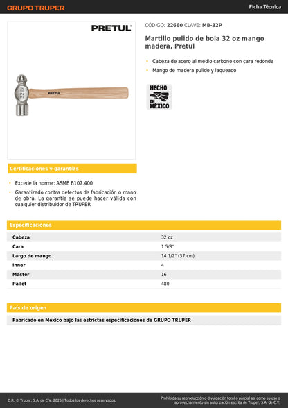 Martillo de Bola 32 oz Pretul MB-32P - Cabeza Acero Carbono Mango Madera - Herramienta Profesional Construcción Carpintería
