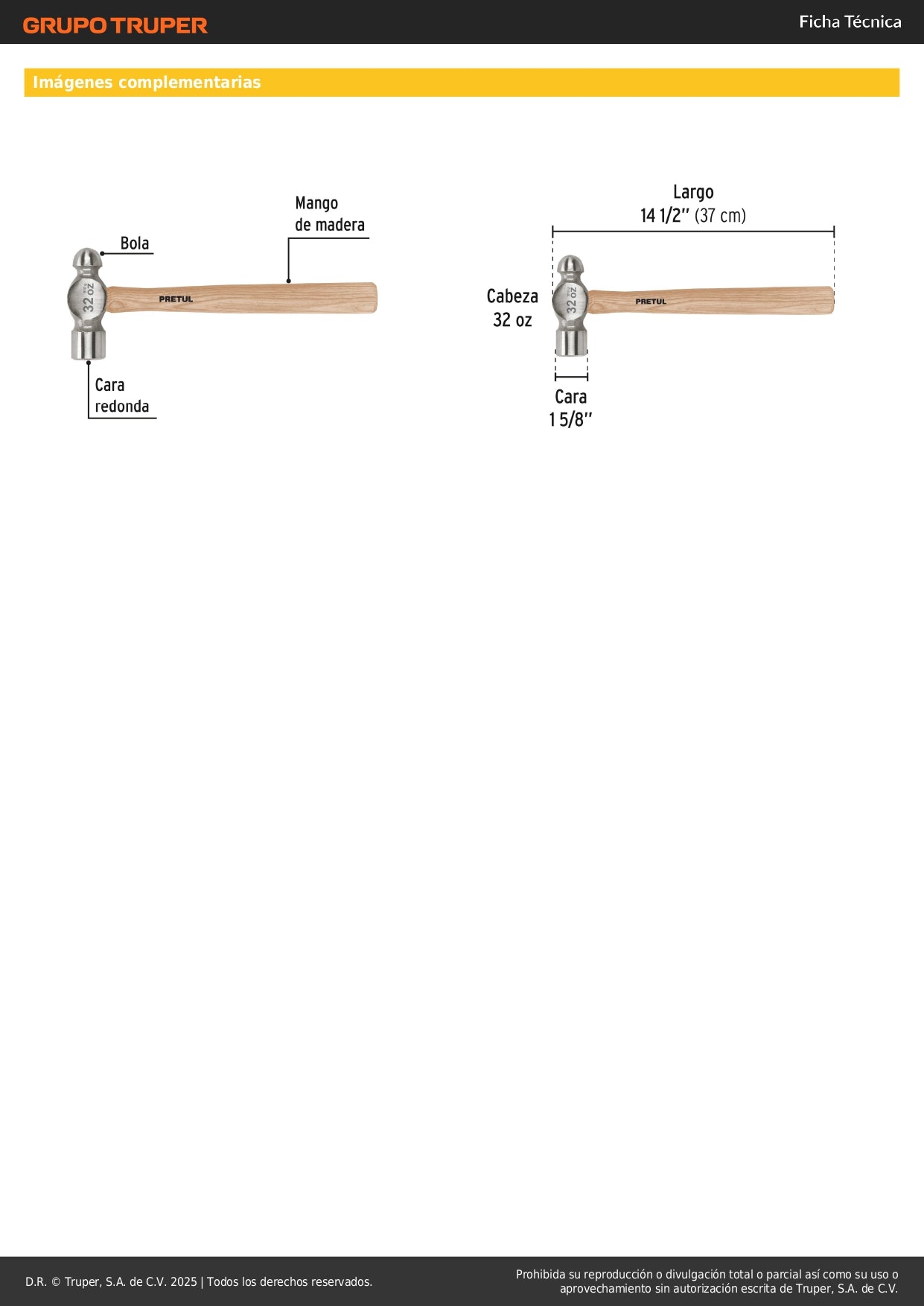 Martillo de Bola 32 oz Pretul MB-32P - Cabeza Acero Carbono Mango Madera - Herramienta Profesional Construcción Carpintería