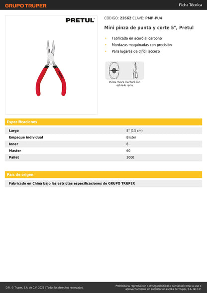 Mini Pinza de Punta y Corte 5" PMP-PU4 Pretul - Acero Carbono para Espacios Reducidos