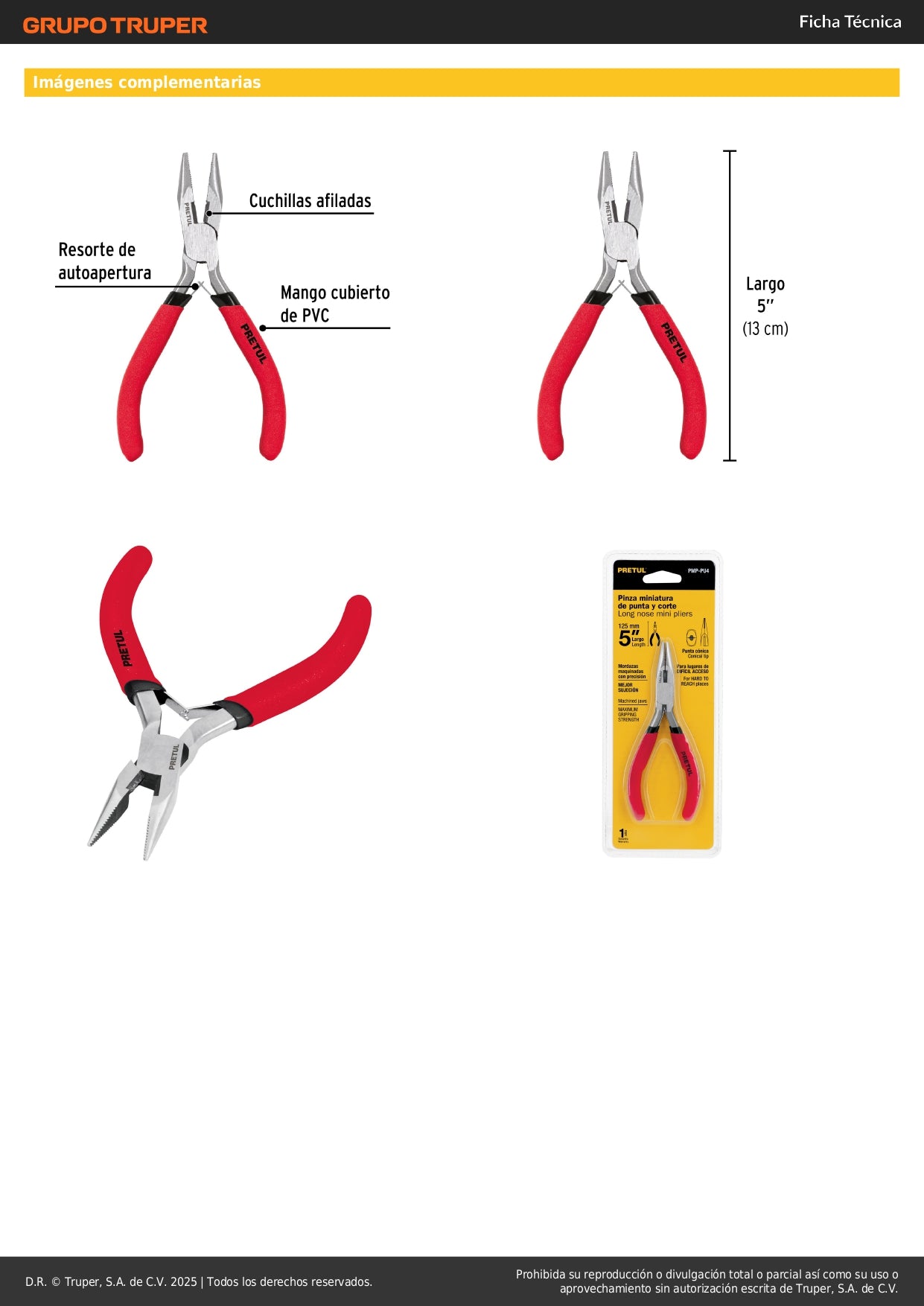Mini Pinza de Punta y Corte 5" PMP-PU4 Pretul - Acero Carbono para Espacios Reducidos