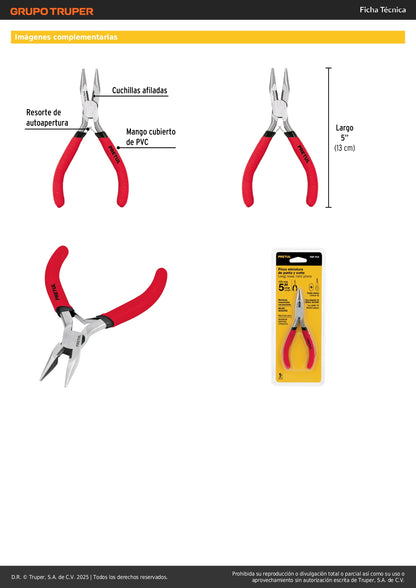 Mini Pinza de Punta y Corte 5" PMP-PU4 Pretul - Acero Carbono para Espacios Reducidos