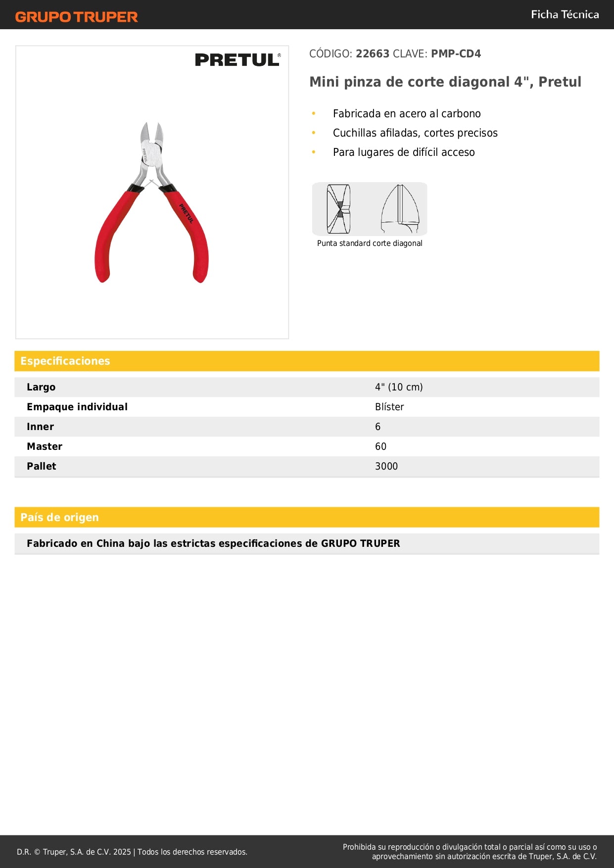 Mini Pinza de Corte Diagonal 4" PRETUL PMP-CD4 - Cortes Precisos en Espacios Reducidos