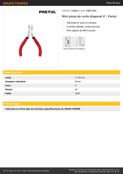 Mini Pinza de Corte Diagonal 4" PRETUL PMP-CD4 - Cortes Precisos en Espacios Reducidos