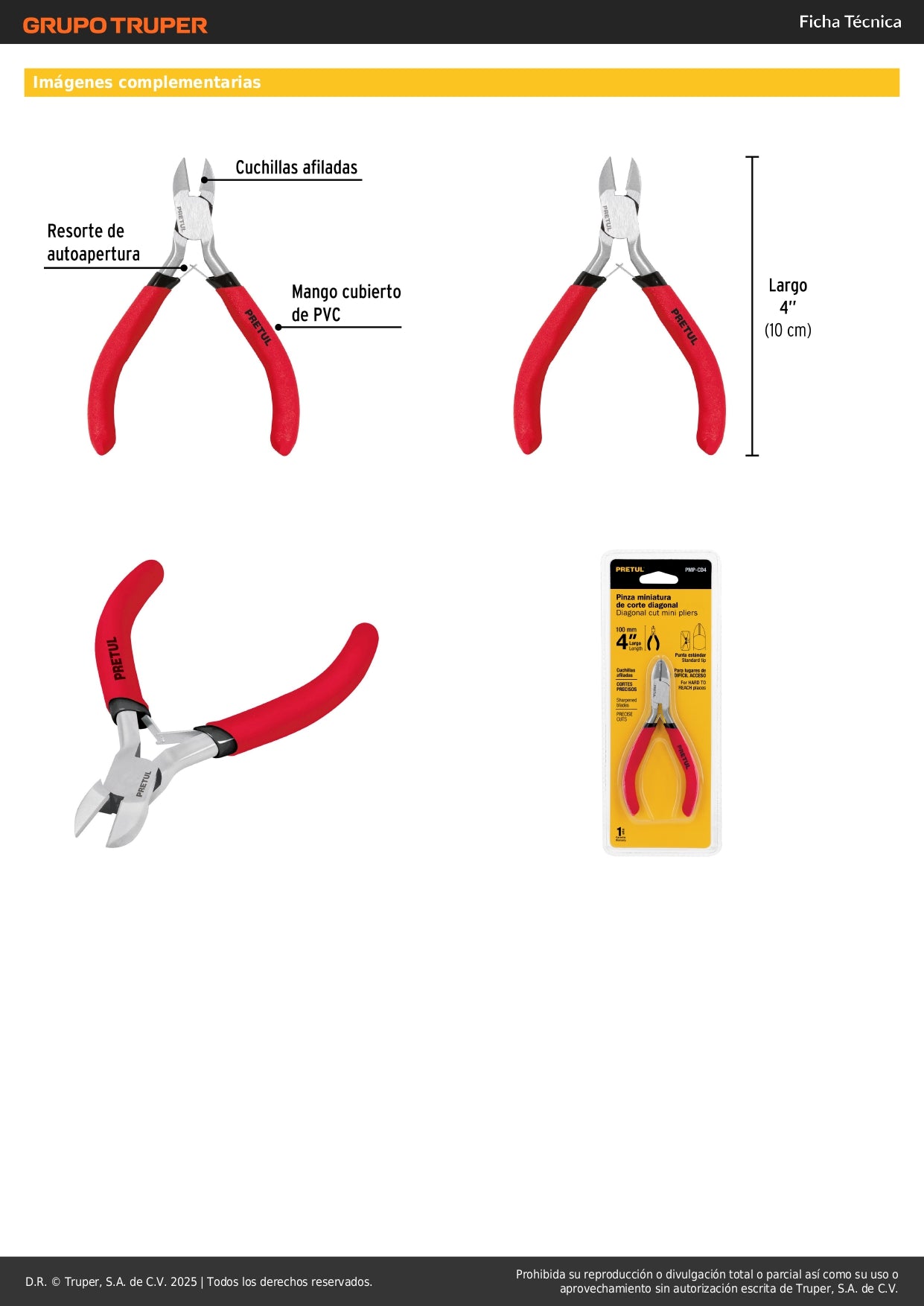 Mini Pinza de Corte Diagonal 4" PRETUL PMP-CD4 - Cortes Precisos en Espacios Reducidos