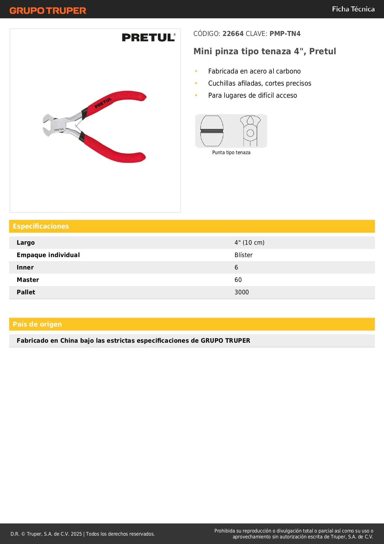 Mini Pinza Tenaza 4 Pulgadas Pretul PMP-TN4 - Acero Carbono para Espacios Reducidos y Cortes Precisos