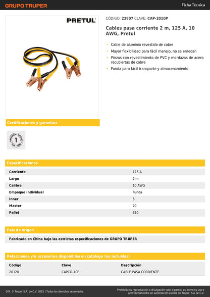 Cables Pasa Corriente Pretul 2m 125A - Solución Profesional para Arranque de Batería Descargada - Cable Aluminio Cobre 10 AWG con Pinzas PVC y Funda Transporte - CAP-2010P