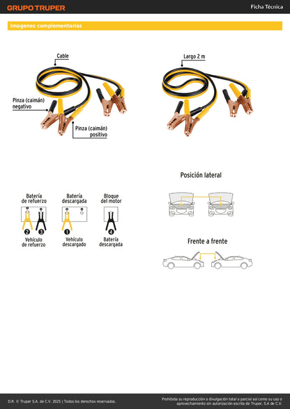 Cables Pasa Corriente Pretul 2m 125A - Solución Profesional para Arranque de Batería Descargada - Cable Aluminio Cobre 10 AWG con Pinzas PVC y Funda Transporte - CAP-2010P