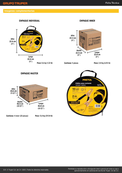 Cables Pasa Corriente Pretul 2m 125A - Solución Profesional para Arranque de Batería Descargada - Cable Aluminio Cobre 10 AWG con Pinzas PVC y Funda Transporte - CAP-2010P