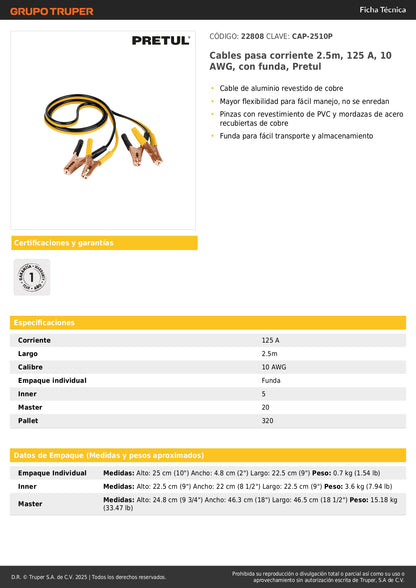 Cables Pasa Corriente Pretul 2.5m 125A - Solución Profesional para Arranque de Batería Descargada - Cable Aluminio Cobre 10 AWG con Pinzas PVC y Funda Transporte - CAP-2510P