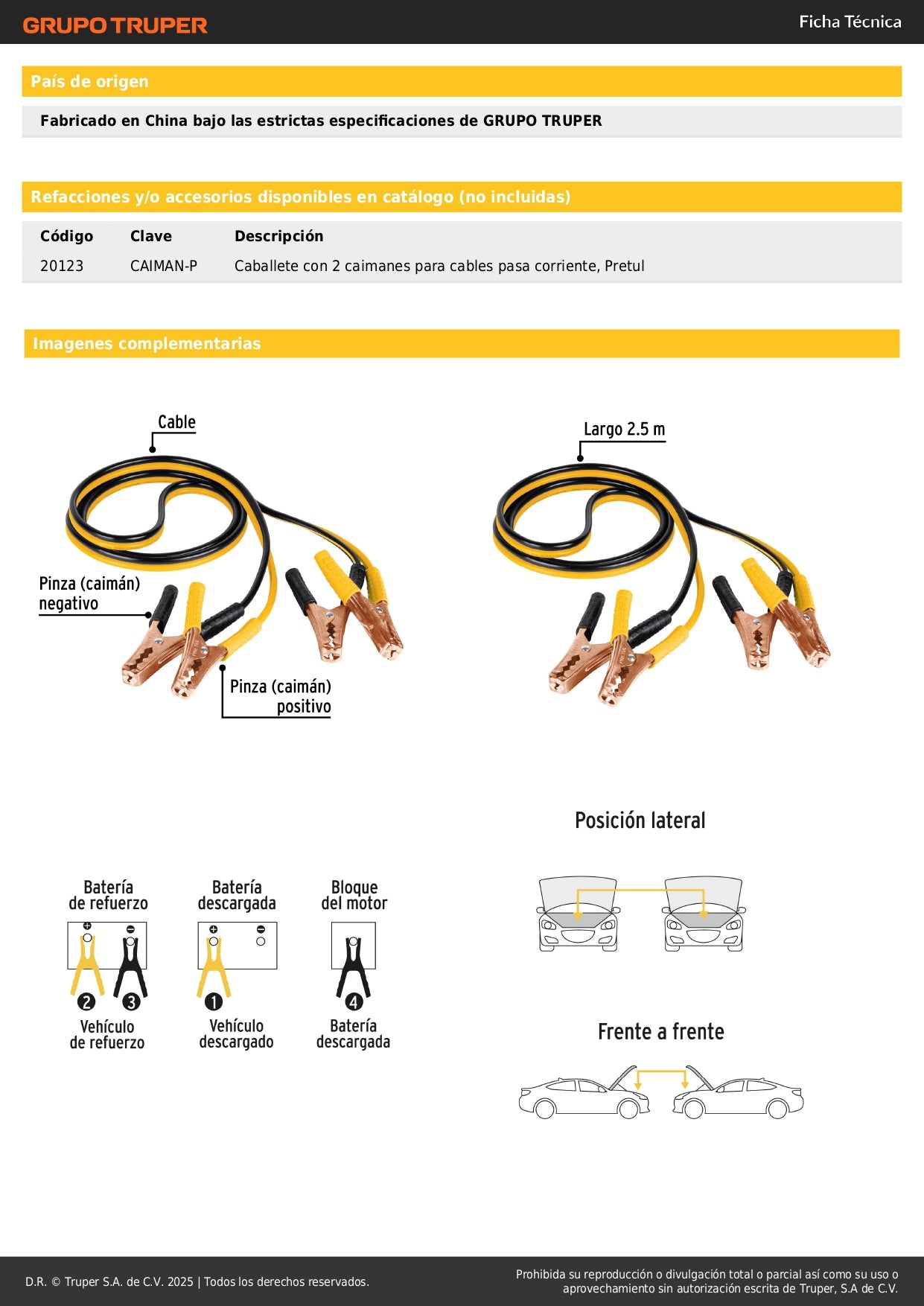 Cables Pasa Corriente Pretul 2.5m 125A - Solución Profesional para Arranque de Batería Descargada - Cable Aluminio Cobre 10 AWG con Pinzas PVC y Funda Transporte - CAP-2510P