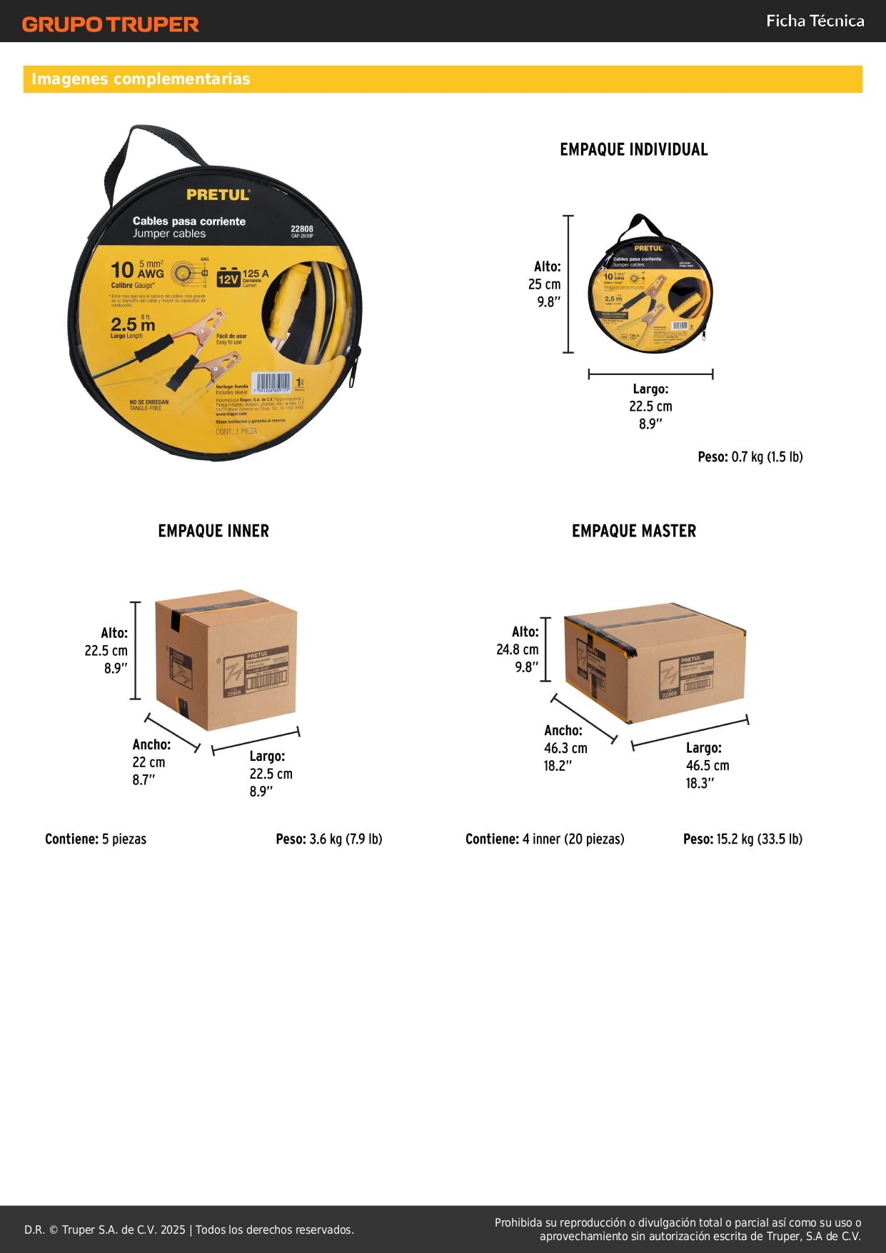 Cables Pasa Corriente Pretul 2.5m 125A - Solución Profesional para Arranque de Batería Descargada - Cable Aluminio Cobre 10 AWG con Pinzas PVC y Funda Transporte - CAP-2510P