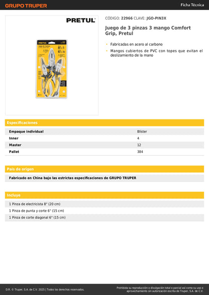 Juego 3 Pinzas Mango Comfort Grip Pretul JGO-PIN3X - Acero Carbono Antideslizante para Trabajos de Precisión y Sujeción Segura