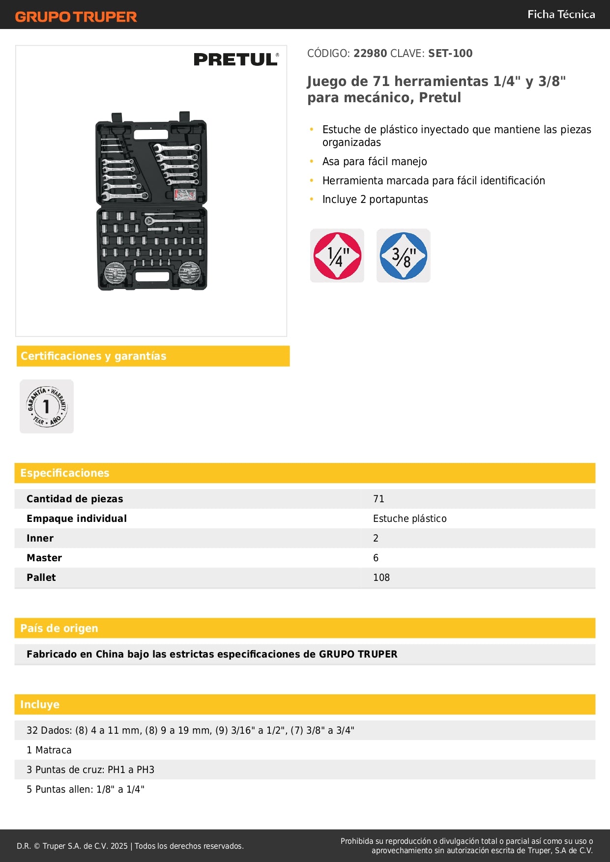 Juego Completo 71 Herramientas Mecánico 1/4 3/8 Pretul SET-100 - Kit Profesional Organizado con Estuche