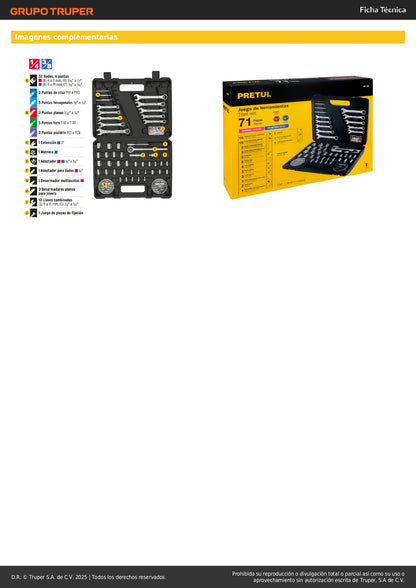 Juego Completo 71 Herramientas Mecánico 1/4 3/8 Pretul SET-100 - Kit Profesional Organizado con Estuche