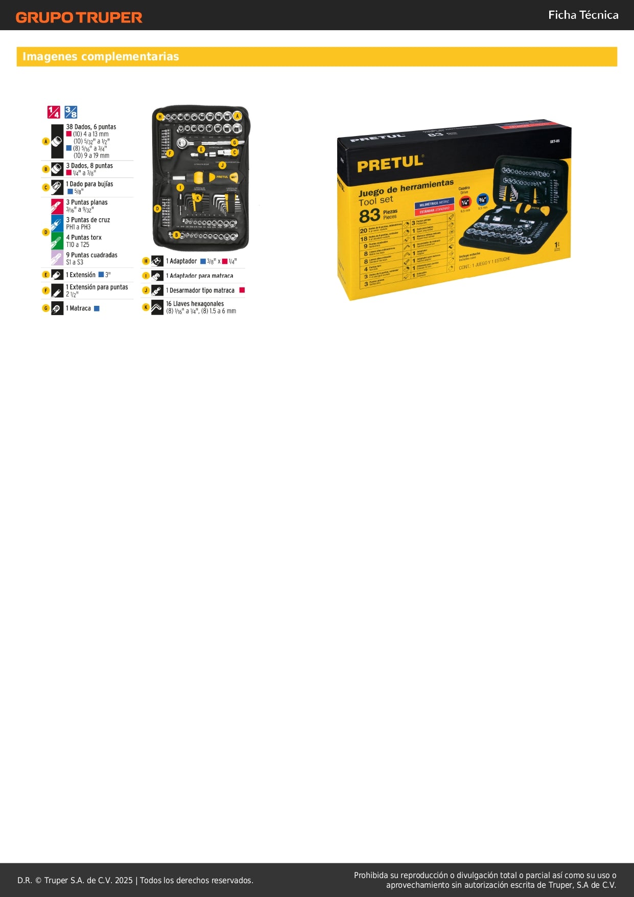 Juego de 83 Herramientas Mecánico 1/4 y 3/8 Pretul SET-85 - Kit Completo Profesional con Matraca Doble Sistema y Estuche - Solución Integral para Reparación Automotriz