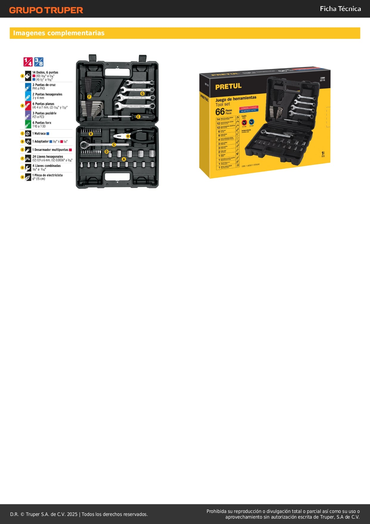 Juego de Herramientas Mecánico Profesional SET-70 PRETUL - 66 Piezas 1/4" y 3/8" con Estuche Organizador - Solución Completa para Reparación Automotriz